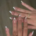 Classic French nude press-on nails with white tips and gold silk accents, set of 24 pieces - Bz1510 Water And Sky In One Color / Glue Type