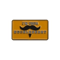 Orange rectangular metal badge with I'M YOUR HUCKLEBERRY quote and mustache icon - Orange Text Mustache Style (QHXZ1807)
