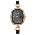 Elegant oval gold watch with diamond bezel and black leather strap for women - Black