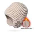 Winter thermal knit beanie hat with earflaps and cream white snowflake pattern - Beige