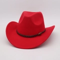 Detail of red felt cowboy hat with brown braided leather band and antique bronze emblem - Red