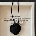 Braided rope necklace with black heart pendant and silver Take It Easy tag charm - Black Heart Bag Necklace