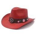 Red straw cowboy hat with ethnic embroidery and beaded sun flower band on white background - M (56-58cm) / Red