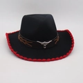 Western black felt fedora hat with red stitched edge and silver bull head leather band - Black Red Trim (Metal Bull Head Decor)