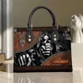 Customized Halloween tote bag with Grim Reaper print and skull charm in black PU leather - Reaper Skull Rivet Customizable - Black Strap