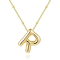 18K gold balloon style bubble letter R pendant necklace with beaded stainless steel chain - Letter R - Gold