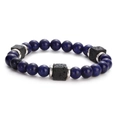 Lava stone bead bracelet featuring deep blue marble glass beads and black square lava rocks - Dark Blue With Silver Spacers