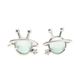 Close-up of alien-shaped 925 silver stud earrings with light green stone and zircons - Alien Planet Style (EH00639) / Silver