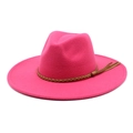 Detail of rose red wide brim wool fedora hat with brown leather tassel band decoration - M (56-58cm) / Rose Red