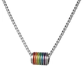 Close-up of rainbow cylinder pendant with vibrant colors on a silver box chain necklace - Rainbow