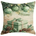 Christmas pillowcase featuring watercolor ornaments and pine cones on green linen fabric - YMD15-14 (Xmas Ball Ornament)
