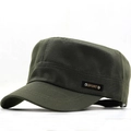 Army green flat top military cap in cotton canvas with side SPORT metal logo badge - Adjustable / Army Green