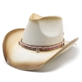Western Strohhut mit Muschelbesatz und braunem Vintage-Verlaufskante als Sonnenschutz - M (56-58cm) / Weiß Kaffee