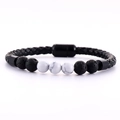 Bracelet pour homme en cuir avec pierre volcanique noire, turquoise blanche et fermoir - Perle Blanche