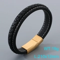 Men's black braided leather bracelet with golden magnetic steel clasp, 210x12mm 19g - Black Leather Gold Clasp (KB205353-JR)