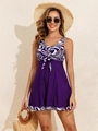 Deep purple printed skirted tankini swimsuit for women with a bow-knot and beach accessories - S / Purple