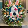 Easter bunny wreath with pink ears, colorful eggs, carrots and daisies for wall hanging - Bunny Wreath Style D