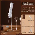 Cordless electric milk frother set in white with two whisks, stand, and USB cable - Double Head with Plastic Stand / White