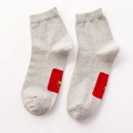 Light grey cotton ankle socks for men featuring red patch and cartoon bear pattern - Crew / Light Gray