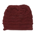 Detailed close-up of dark red knitted beanie featuring a textured wave pattern and folded cuff - M (56-58cm) / Burgundy