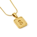 Golden square necklace pendant with textured finish and letter S on round snake chain - Letter S