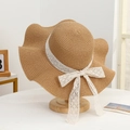 Summer khaki straw sun hat with large brim and elegant white lace bow decoration - Solid Color Lace Khaki