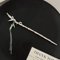 Silver bamboo tassel hair pin with green jade-style bead and hanging metal chains - Bamboo Leaf Pendant