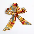 Elegant yellow silk scarf with geometric chain print tied in a bow style, variant S26 - S26-Bright Yellow Geometric Chain