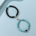 Magnetic heart couple bracelet set with matte black beads and turquoise stones - Turquoise Blue & Black Matte - Magnetic Heart - Plated