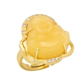 Detail of Laughing Buddha ring featuring a yellow resin stone and gold-plated band - Adjustable Open / Yellow