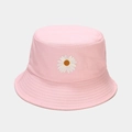 Close-up of a pink cotton bucket hat featuring a detailed white daisy flower embroidery - M (56-58cm) / Pink