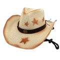 Beige western straw cowboy hat with brown stars, vintage bull head buckle and chin strap - Beige