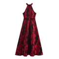 Elegante halterjurk met rode bloemenprint, A-lijn rok en een smalle tailleriem - XS / Rood