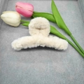 Close-up of 11cm large beige plush shark hair claw clip with faux fur texture for winter - Beige