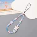 White rabbit beaded phone charm with pink and blue floral accents for smartphone cases - Flocked Rabbit (K2449)