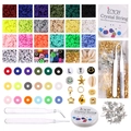 Flat lay of 4000pcs clay beads kit with charms, letter beads, and jewelry DIY tools - 26 Grids Clay Beads Set Smile Face Style
