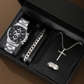 Men's silver stainless steel watch set with cross necklace and bracelet in a gift box - Silver Cross Jewelry Collection