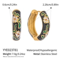 Detail view of enamel flower earrings in gold stainless steel with size measurements - Black Floral Style (YYE023781)