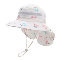 Chapeau de soleil enfant blanc à motif cerises avec large bord et protège-nuque - Taille Ajustable / Style Filet Plat / Cerise Blanche (Filet Plat)