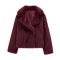 Detail of burgundy faux fur texture on a short cropped jacket with wide lapels - XS / Dark Red