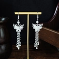 Ethnic style silver butterfly drop earrings with long metal tassel chains and bells - Butterfly Hollow Bell Tassel Style (E5970-3)