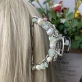 Silver metal chain hair claw clip with white pearls and light green natural stones - Prehnite Deep Sea Pearl Silver Hair Claw