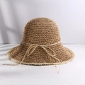 Brown straw sun hat with wide wavy brim and bow tie detail on a white background - Thin Rope Bow Straw Fisherman Hat Khaki