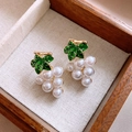 French vintage grape earrings with green enamel leaves and white pearls in gold finish - Enamel Green Leaf Pearl Grape Style