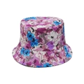 Detailed view of colorful floral pattern on a double-sided reversible cotton bucket hat - Pink Purple Floral (B)