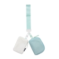 Dual-pouch nylon wristlet in light blue and white with detachable strap and keychain - White/Mint Green