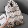 Striped warm winter scarf with tassels and herringbone pattern on a stylish grey sofa - 70*180cm / Gray
