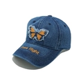 Detail of washed denim baseball cap featuring frayed butterfly patch and yellow embroidery - M (56-58cm) / Navy Blue