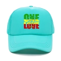 Close-up of One Love print on teal mesh trucker hat with Rasta color accents - M (56-58cm) / Lake Blue