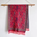 Detail of red paisley cashmere-like shawl featuring intricate blue patterns and tassels - 70*180cm / T131-03 Red Jacquard